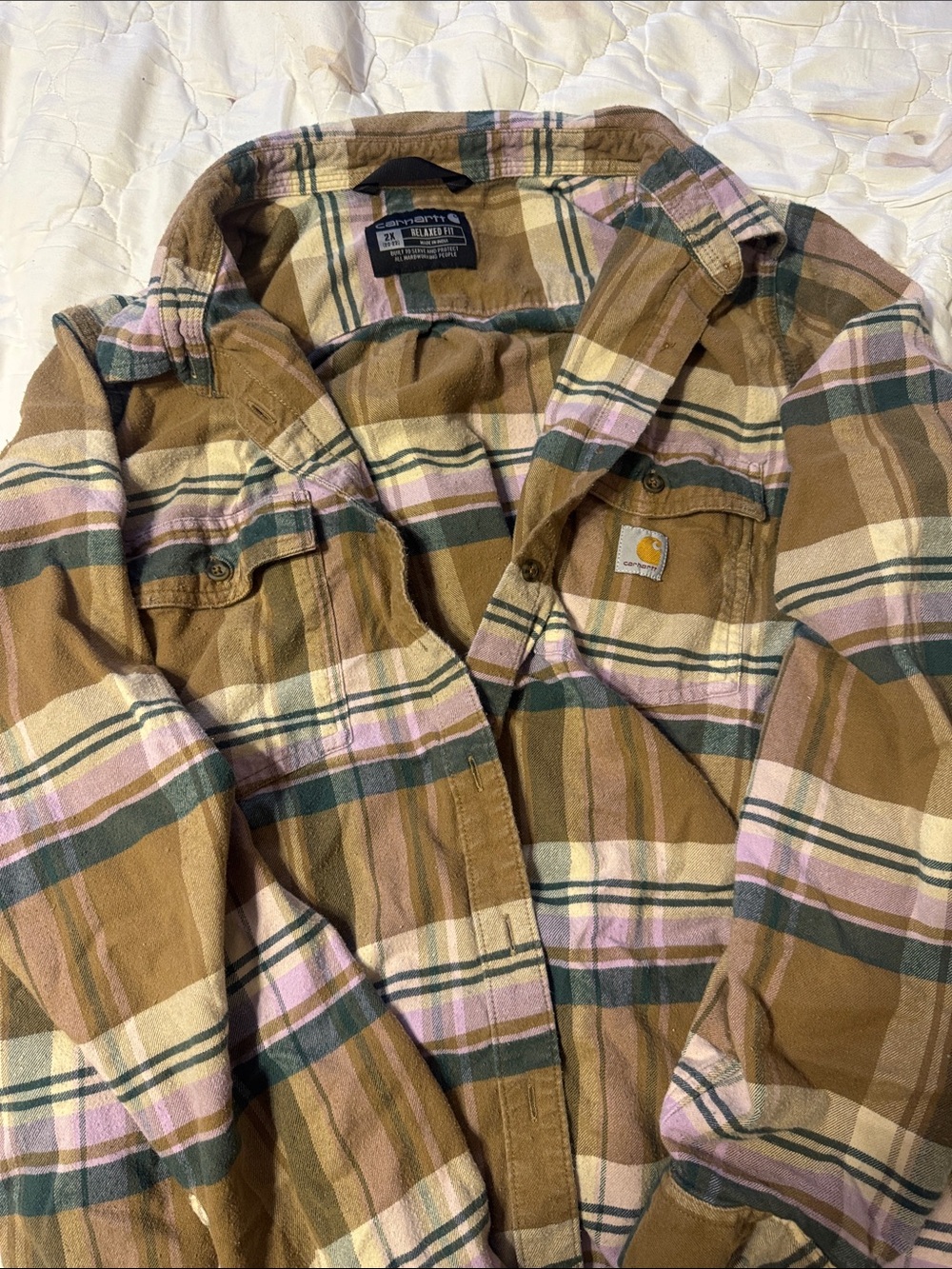 Carhartt womens Brown Green Cream Plaid Button-Front Shirt
